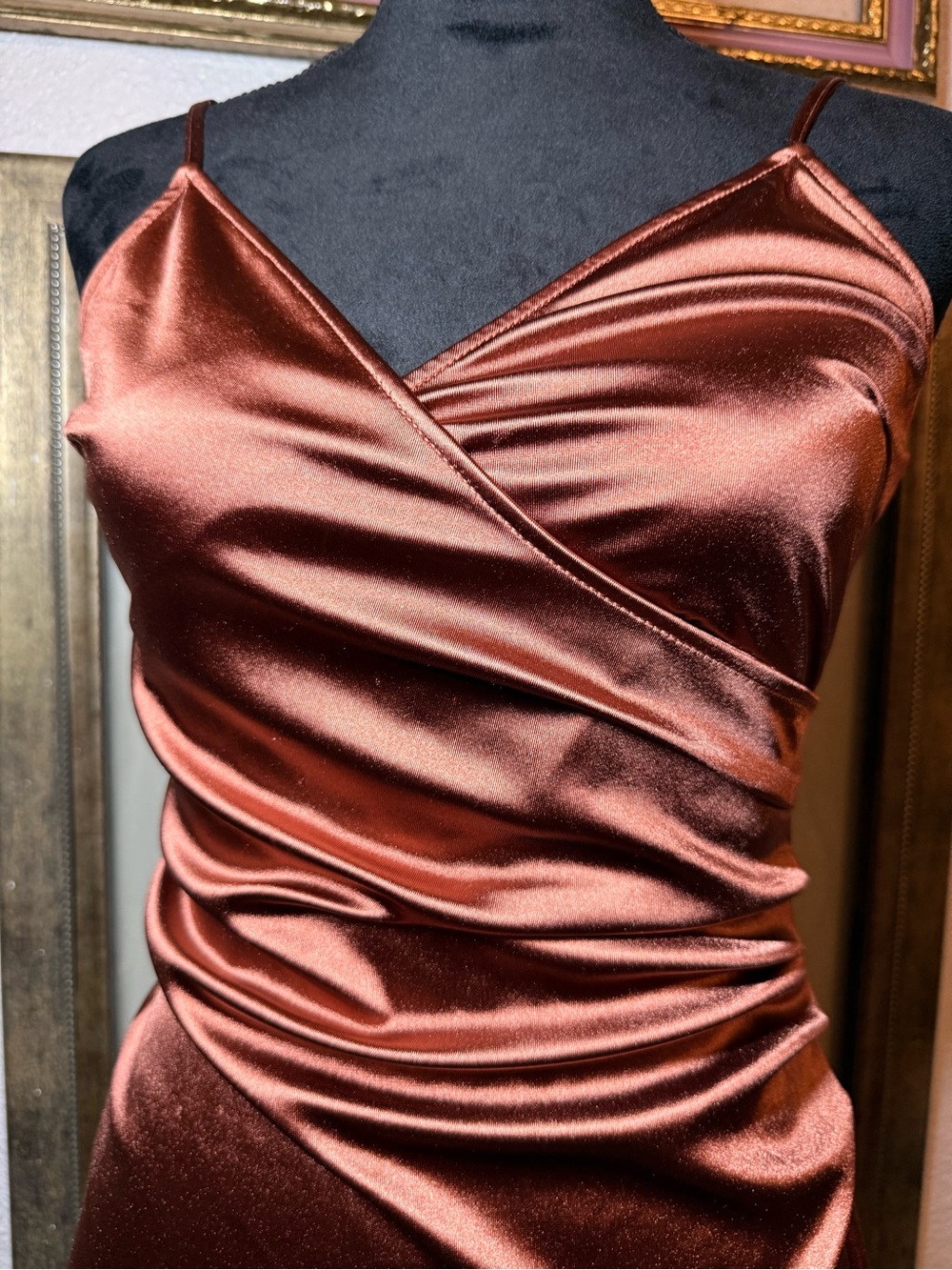 Inspired Hearts Rust Brown Satin Ruched Wrap Bodycon Mini Dress •Size M•
